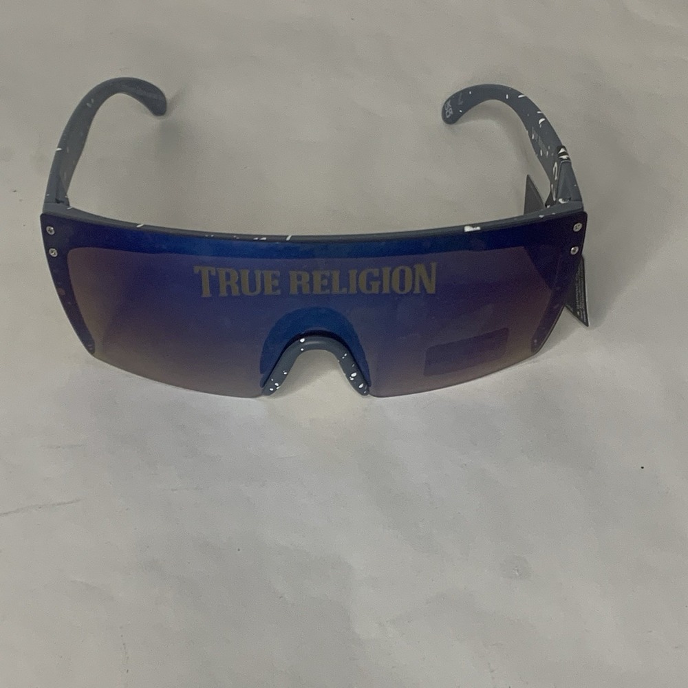 True Religion Shield Rimless Sunglasses Acetate Gray Oversized Paint Splatter